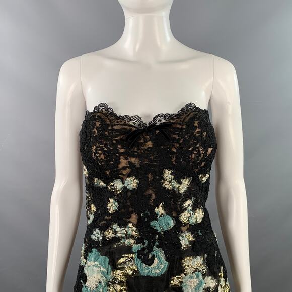 MARCHESA 4 Black Sage Gold Abstract Floral Jacquard Strapless Long Evening Gown - Picture 2 of 8